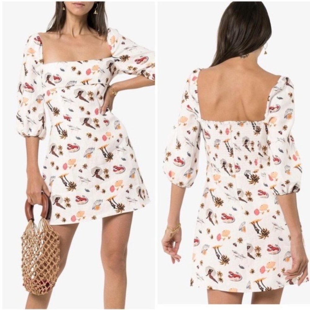 Reformation Hampstead Linen Dress White Tropez Print Lobster